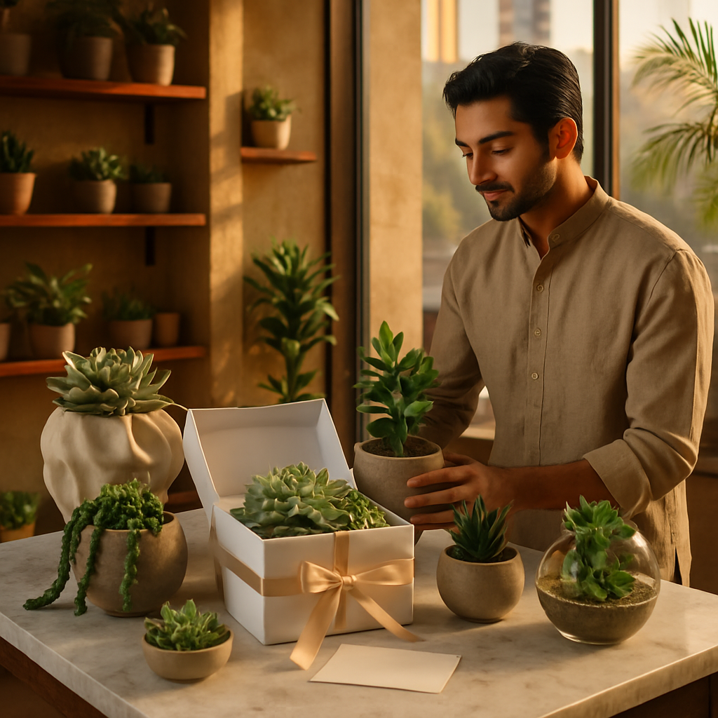 Supporting image showing a selection of premium succulents and designer pots from Bloom.icu